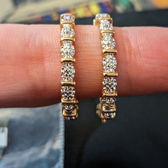 Genuine diamond accents in 18k yellow gold over sterling silver hoops - Picture 8 of 9